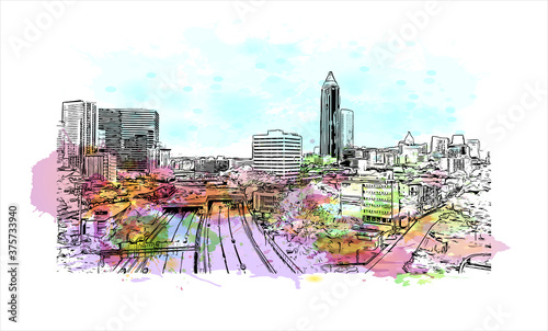 Building view with landmark of Atlanta is the capital of the U.S. state of Georgia. Watercolor splash with hand drawn sketch illustration in vector.