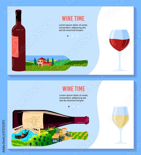 Wine bottle vector illustrations. Cartoon flat concept banners set with winery production, vineyard farm plantation landscape, vintage harvest of grapes, glass and red or white bottled wine product
