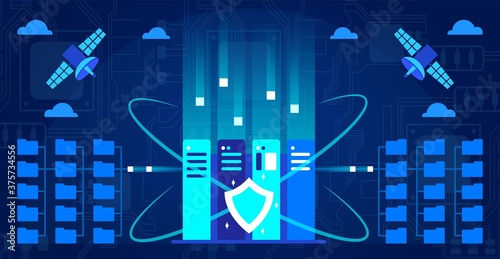 Data center vector illustration. Cartoon blue abstract tech modern internet database concept with servers and protective shield, cloud storage protection, cyber security digital technology background