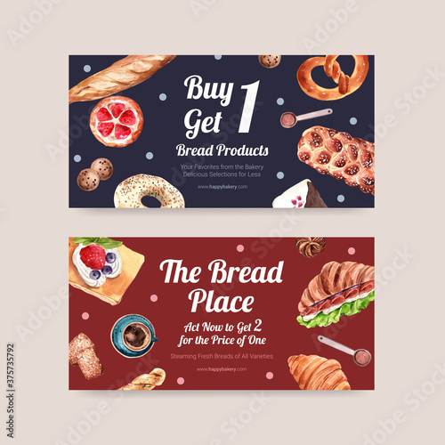 Twitter template design with bakery for social media and online community watercolor illustration