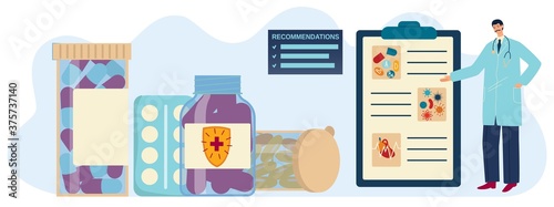 Vitamin recommendation vector illustration. Cartoon flat doctor pharmacist medical character recommending vitamin supplement tablet pills for healthy lifestyle, pharmacy medicine healthcare background