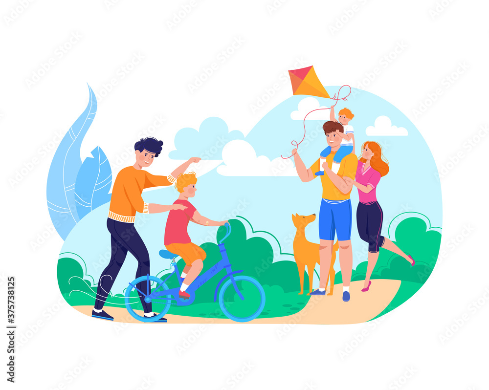 Daily family spends time outdoors together, father helps son ride bike, design cartoon vector illustration, isolated on white. Parents rest with small child in park, love children, healthy lifestyle.