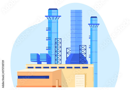 Factory power, nuclear energy for industry, environment, nuclear power, design cartoon vector illustration, isolated on white. Radioactive fuel pollution, reactor cooling, steam rises above pipes.
