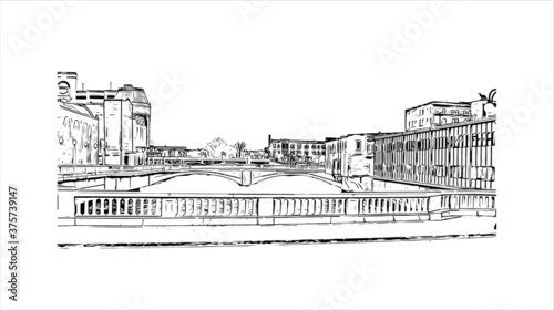 Building view with landmark of Aurora is a city in DuPage, Kane, Kendall, and Will counties in the U.S. Hand drawn sketch illustration in vector.