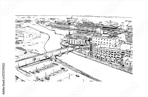 Building view with landmark of Aurora is a city in DuPage, Kane, Kendall, and Will counties in the U.S. Hand drawn sketch illustration in vector.