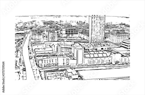 Building view with landmark of Aurora is a city in DuPage, Kane, Kendall, and Will counties in the U.S. Hand drawn sketch illustration in vector.