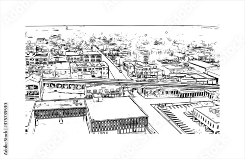 Building view with landmark of Aurora is a city in DuPage, Kane, Kendall, and Will counties in the U.S. Hand drawn sketch illustration in vector.
