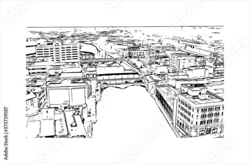 Building view with landmark of Aurora is a city in DuPage, Kane, Kendall, and Will counties in the U.S. Hand drawn sketch illustration in vector.
