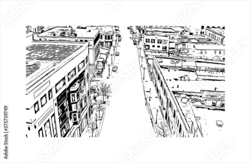 Building view with landmark of Aurora is a city in DuPage, Kane, Kendall, and Will counties in the U.S. Hand drawn sketch illustration in vector.