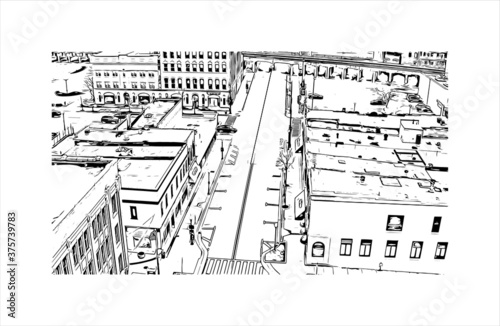Building view with landmark of Aurora is a city in DuPage, Kane, Kendall, and Will counties in the U.S. Hand drawn sketch illustration in vector.