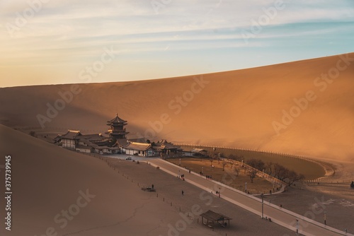 The crescent shaped of lake in the desert in Dunhuang