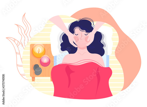 Massage people, health care skin face young girl, salon wellness treatment, design style vector illustration, isolated on white. professional relax spa, beautiful woman lies on couch, useful lifestyle