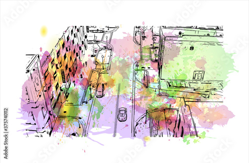 Building view with landmark of Aurora is a city in DuPage, Kane, Kendall, and Will counties in the U.S. Watercolour splash with hand drawn sketch illustration in vector.