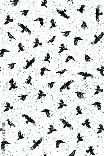 Vector pattern illustration of birds silhouette randomly scattered with background texture.