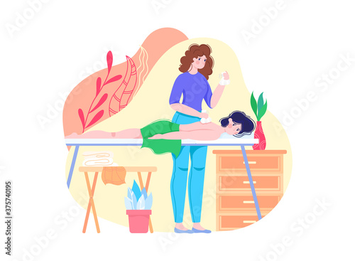 People massage, spa therapy, back care and treatment, relaxation rest body, cartoon style vector illustration, isolated on white. Girl beautician, health and skin care, health improvement lifestyle.
