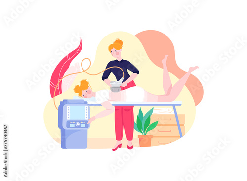 People massage, medical device for wellness, spa salon treatment, design cartoon style vector illustration, isolated on white. Skin care equipment, medicine cosmetologist conducts treatment procedure.