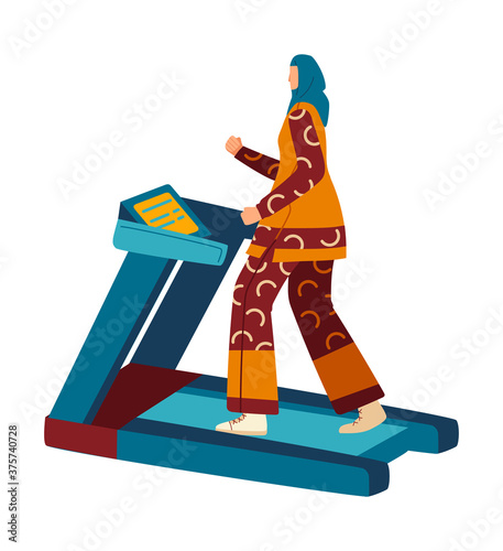Muslim woman doing sports, useful fitness for adults, active lifestyle, cartoon style vector illustration, isolated on white. Beautiful girl performs brisk walking exercise on simulator, treadmill.