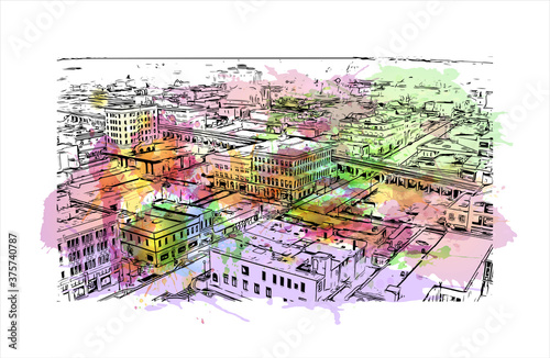 Building view with landmark of Aurora is a city in DuPage, Kane, Kendall, and Will counties in the U.S. Watercolour splash with hand drawn sketch illustration in vector.