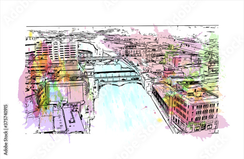 Building view with landmark of Aurora is a city in DuPage, Kane, Kendall, and Will counties in the U.S. Watercolour splash with hand drawn sketch illustration in vector.