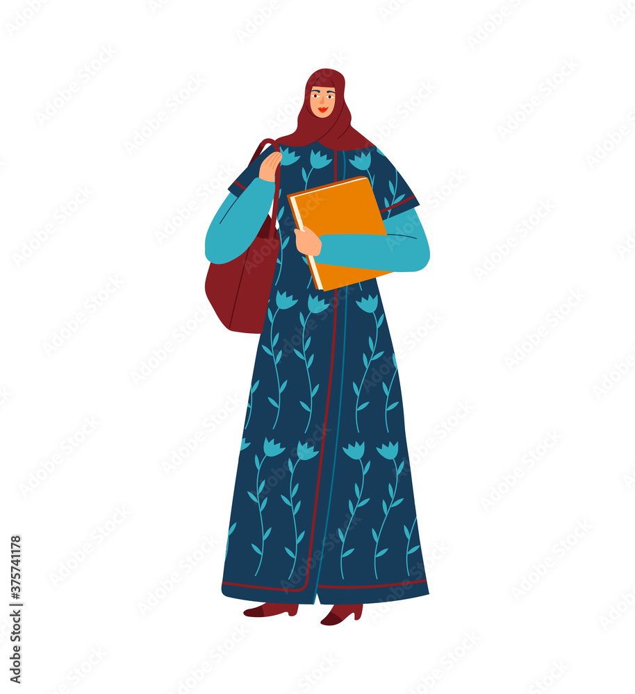 Muslim woman college student, university education, young islamic girl, cartoon style vector illustration, isolated on white. Learning opportunity for all nations and cultures without prejudice.
