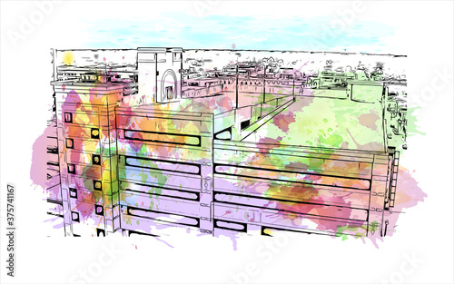 Building view with landmark of Aurora is a city in DuPage, Kane, Kendall, and Will counties in the U.S. Watercolour splash with hand drawn sketch illustration in vector.