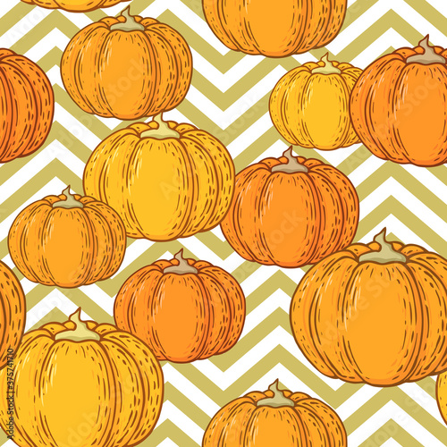 Seamless vector pattern with hand drawn colorful pumpkins isolated on geometric background. Autumn illustration for textile, print, card, invitation, wallpaper, fabric, home decor