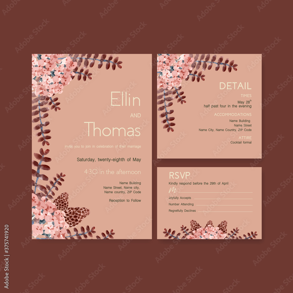 Autumn daily template design for wedding card and invitation watercolor vector illustration.