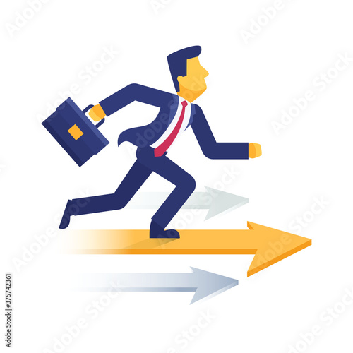 Business info graphic with businessman on moving arrow forward