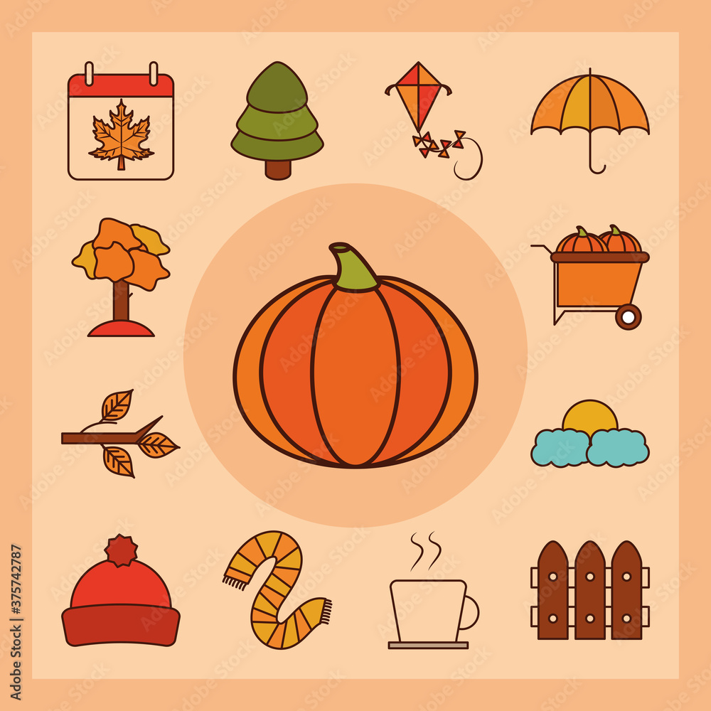autumn season weather line and fill icons set background autumn season weather line and fill icons set background