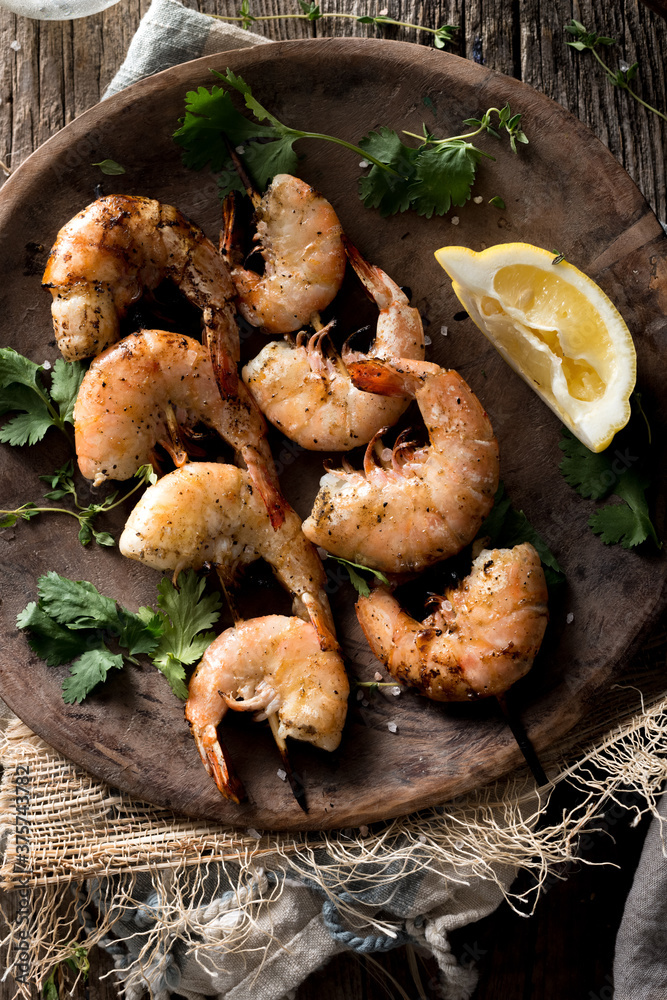 Grilled Shrimp on Rustic Wood Plate