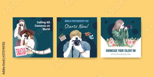 Advertise template design with World photography day for leaflet and brochure watercolor illustration