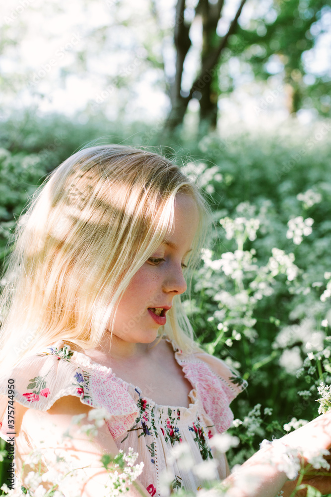 A little girl playing among wildflowers A little girl playing among wildflowers