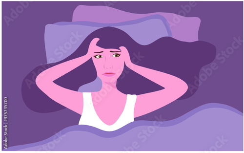 Insomnia woman lying on bed with open eyes vector illustration. Sleepless woman suffering from insomnia concept