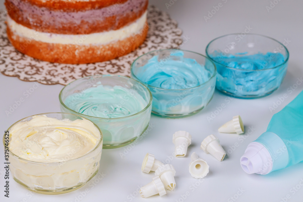 Cake decorating bag with nozzles and cream on white background. Cake decorating bag with nozzles and cream on white background.