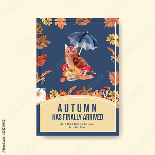 Autumn season vintage with pumpkin  owl  mushroom  maple leaves and flowers watercolor vector illustration.