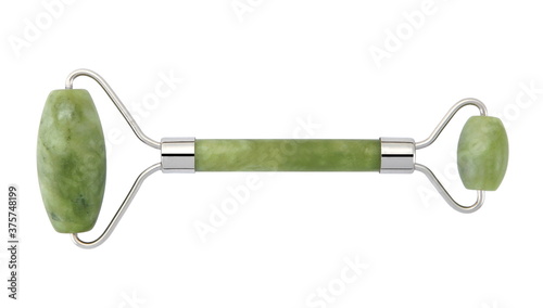 A jade roller is a stone that looks like a small paint roller and is used to massage the skin.