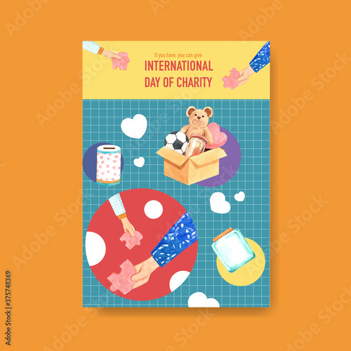 Poster template with International Day of Charity concept design for brochure and leaflet watercolor vector.