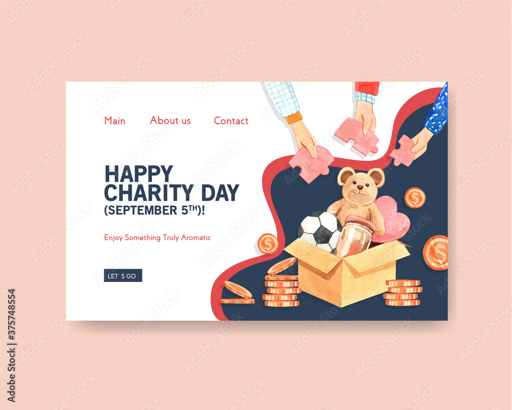 Fototapeta premium Website template with International Day of Charity concept design for online community and internet watercolor vector.