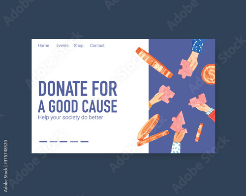  Website template with International Day of Charity concept design for online community and internet watercolor vector.