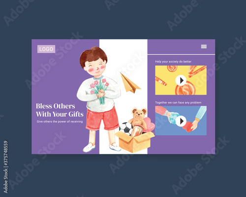  Website template with International Day of Charity concept design for online community and internet watercolor vector.