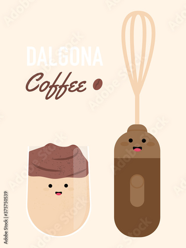 Cute Iced dalgona coffee and mixer cartoon. trendy fluffy creamy whipped coffee, instant, cream and iced coffee.