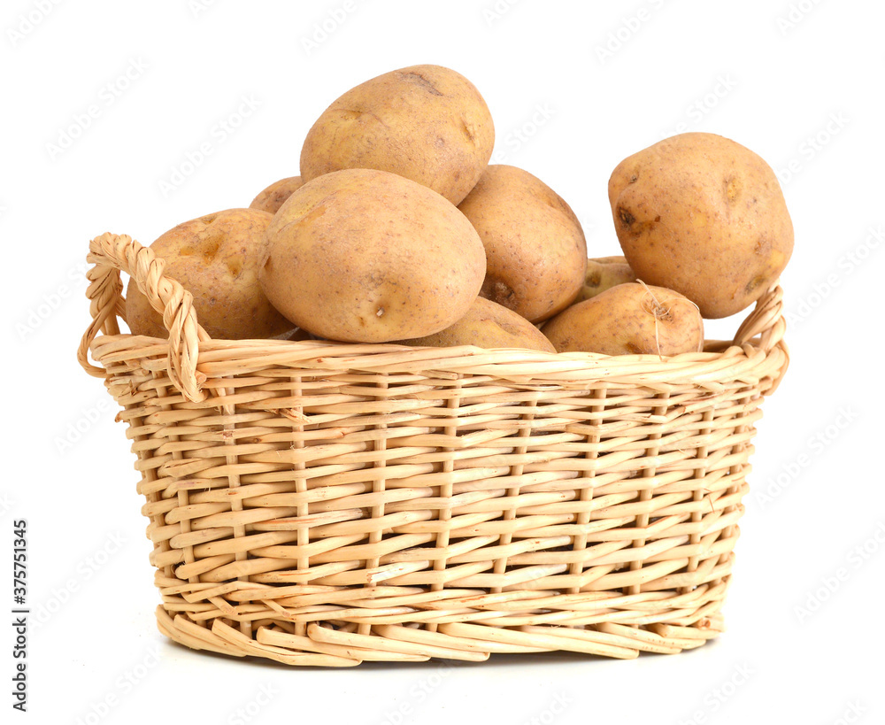 Fresh potatoes in basket isolated on white Fresh potatoes in basket isolated on white