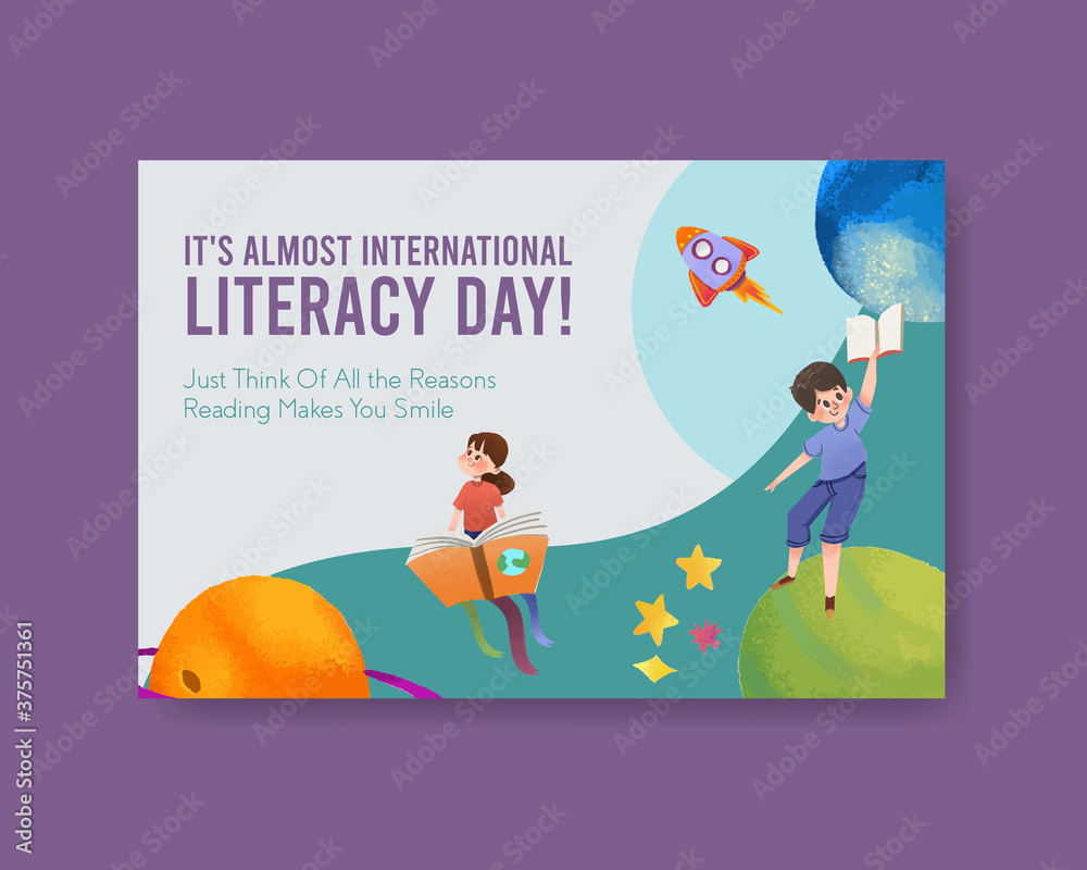 Facebook template with International literacy Day concept design for online marketing and internet watercolor vector.