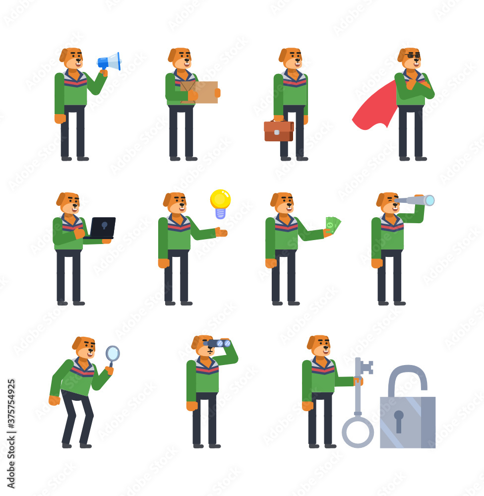 Set of dog characters in green sweater showing various actions. Cheerful dog holding loudspeaker, parcel box, laptop, magnifier and showing other actions. Flat design vector illustration