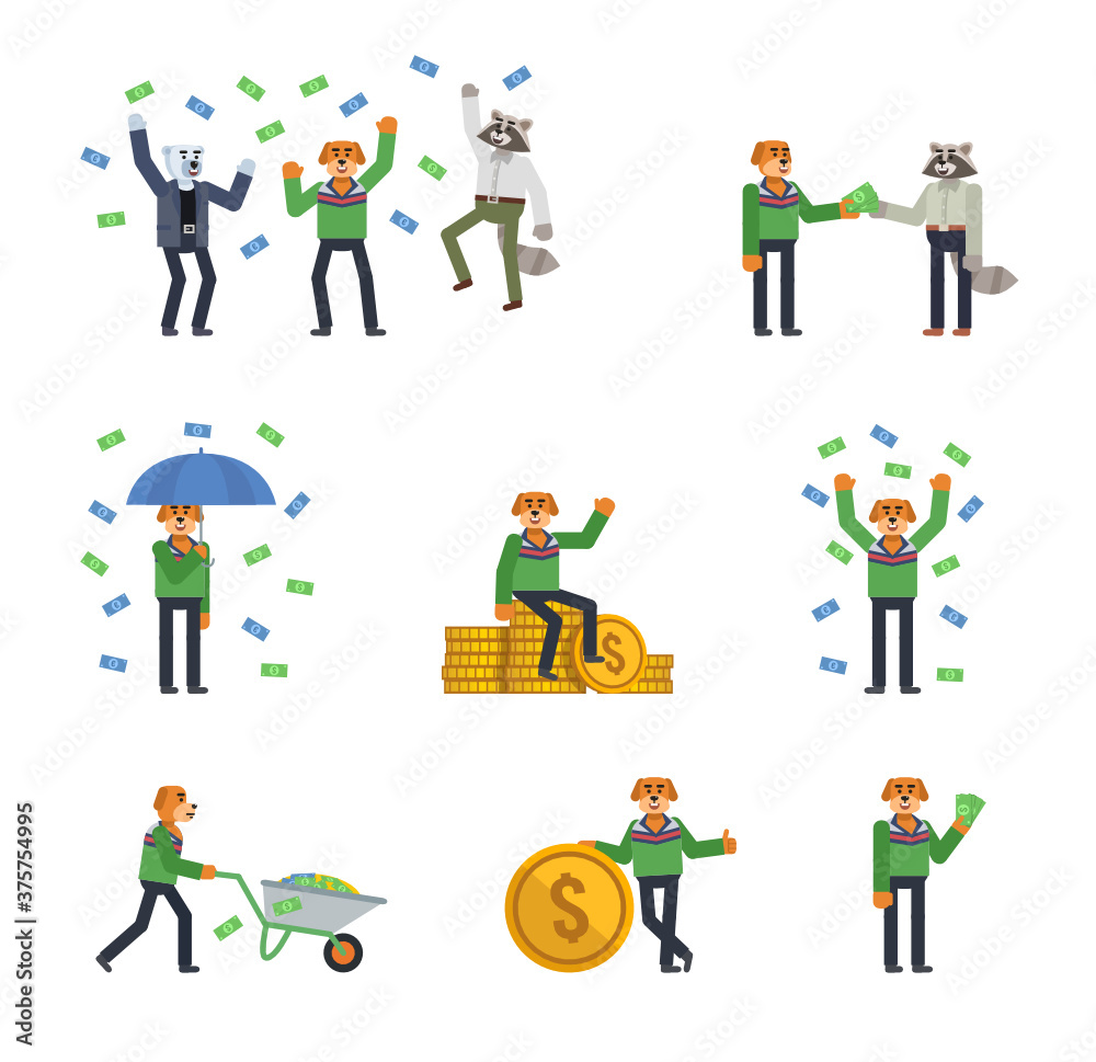 Set of dog characters in green sweater posing with money. Cheerful dog standing with umbrella under money rain and showing other actions. Flat design vector illustration Set of dog characters in green sweater posing with money. Cheerful dog standing with umbrella under money rain and showing other actions. Flat design vector illustration