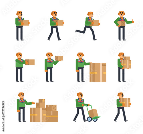 Set of dog characters in green sweater posing with parcel box. Cheerful dog walking, running with box and showing other actions. Flat design vector illustration