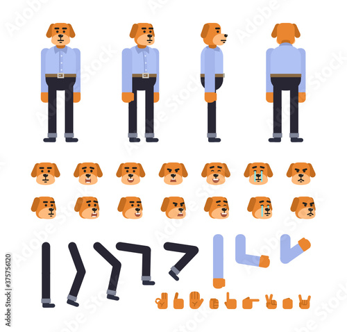 Yellow dog character in light blue shirt and dark pants creation set. Create your own pose, action, animation. Flat design vector illustration