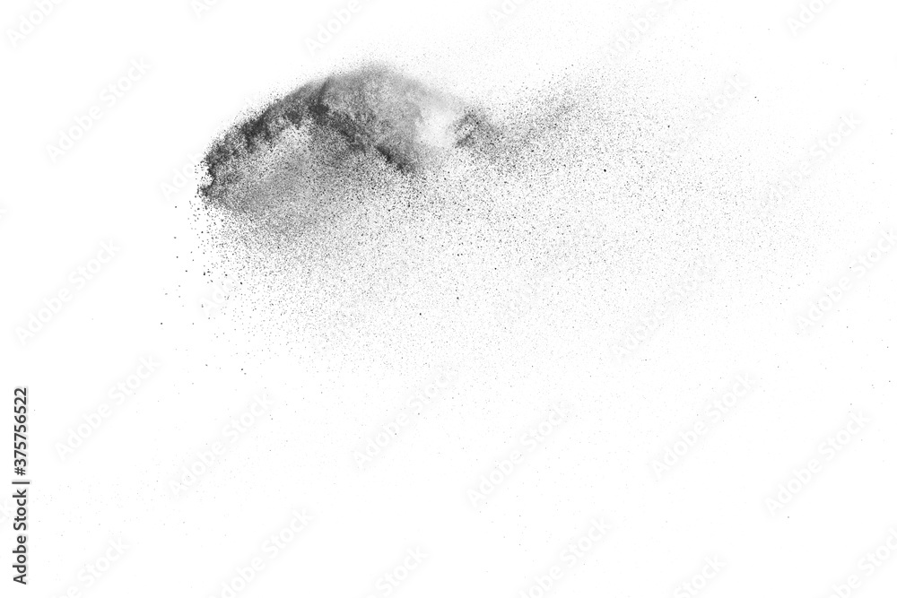 Black particles explosion isolated on white background. Abstract dust overlay texture. Black particles explosion isolated on white background. Abstract dust overlay texture.