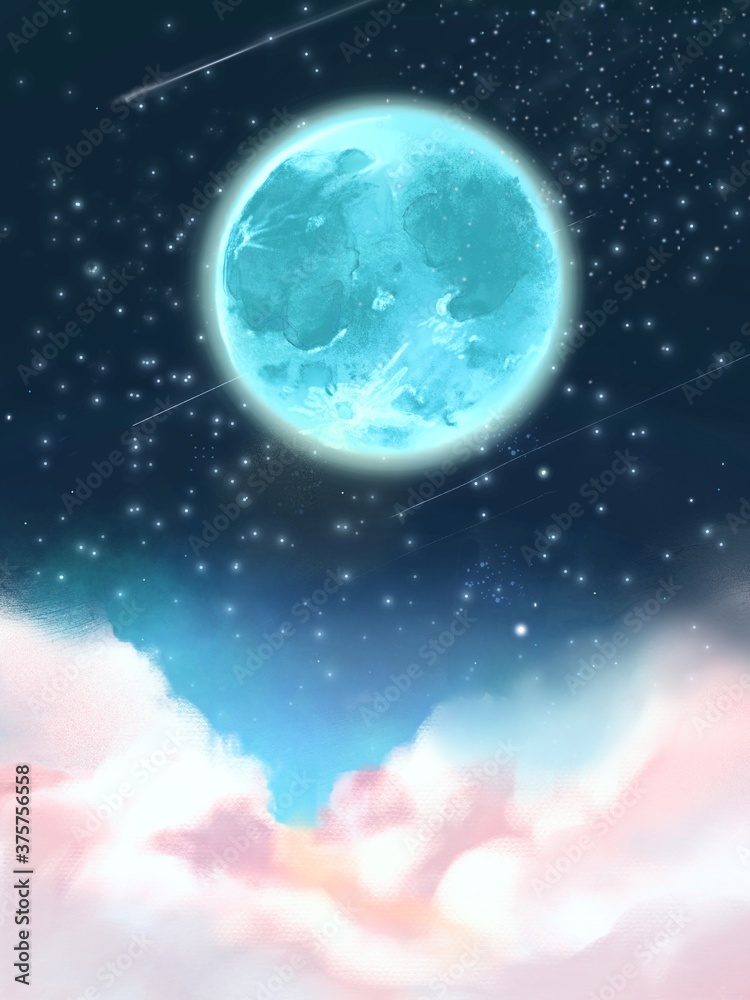 bluely full moon and starry sky with pink clouds