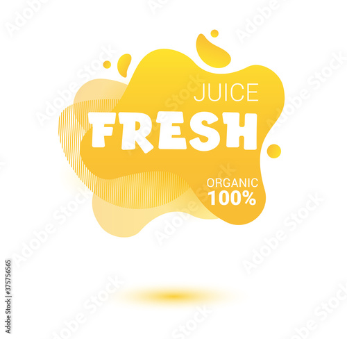 Fresh juice tag. Bright splash shiny stickers, organic emblems, tags and labels. For badges of fresh market, detox, farmers market, eco shop, smoothies drinks, juice cafe, green bar.